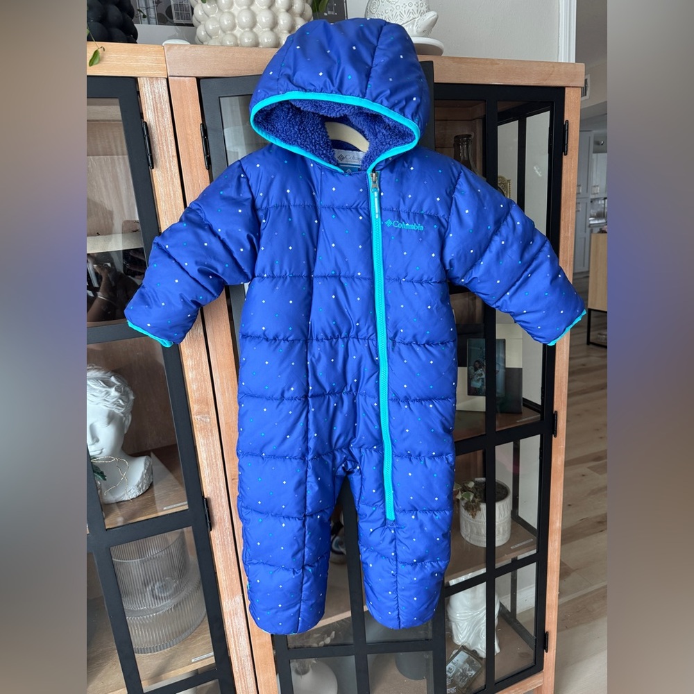 Columbia Toddler Blue Hooded Bunting Snowsuit with Teal Trim